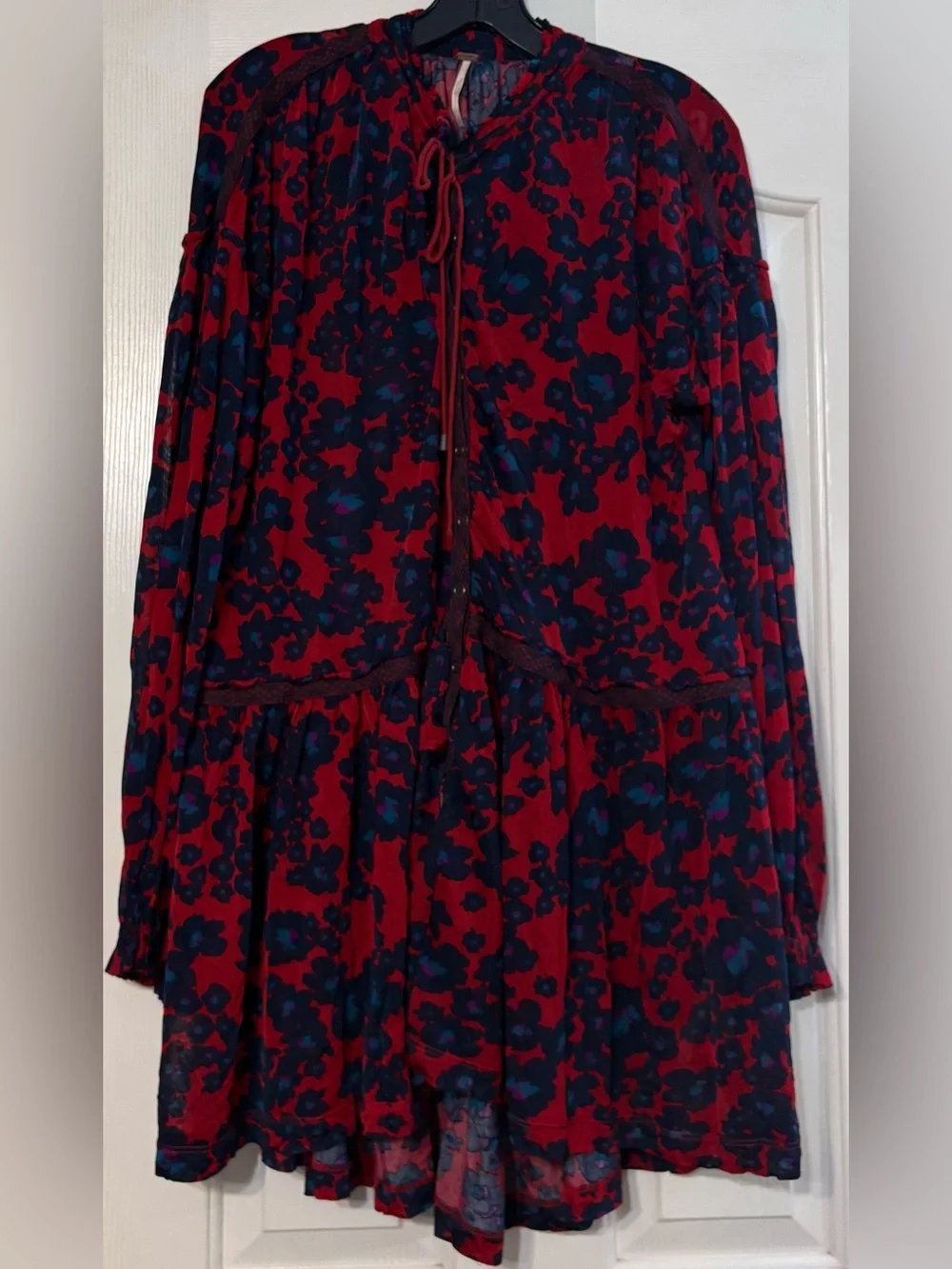 Free People Red & Blue Floral Peasant Mini Dress